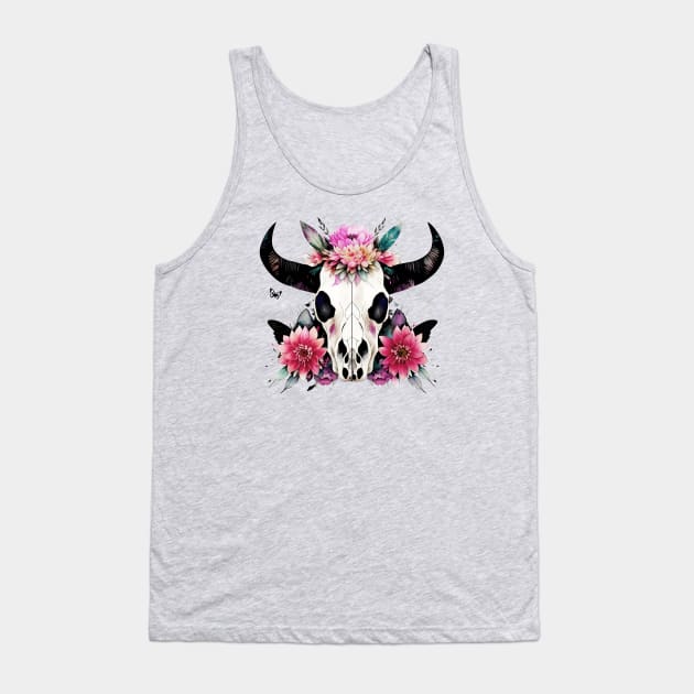 Cow Skull and floral crown, boho, bull skull, watercolor style Tank Top by Collagedream